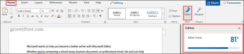 Microsoft Editor-Schaltfläche und Seitenleiste in Word online