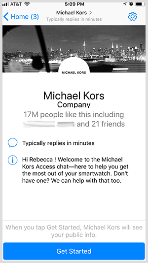 Um sich für einen Messenger-Bot wie den von Michael Kors zu entscheiden, klicken Benutzer auf die Schaltfläche Erste Schritte.