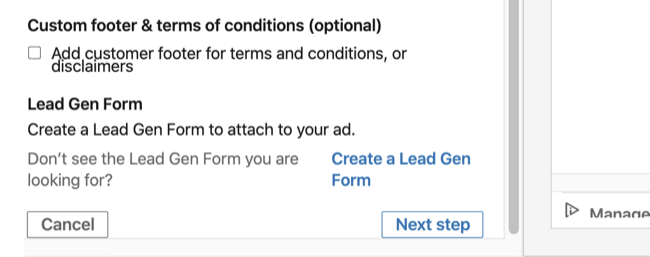 Option "Lead Gen Form" im Abschnitt "Grundlegende Informationen" der Einrichtung der LinkedIn-Konversationsanzeige