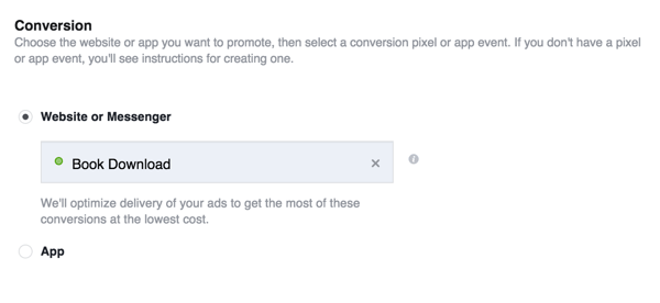 Wählen Sie beim Erstellen Ihrer Facebook-Anzeige das Conversion-Ziel und die soeben erstellte benutzerdefinierte Conversion aus.