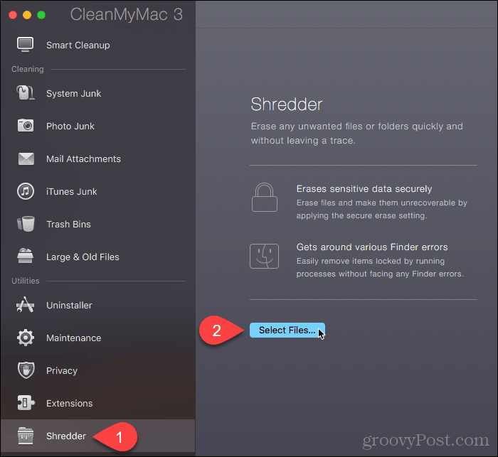 Klicken Sie in CleanMyMac 3 auf Dateien auswählen