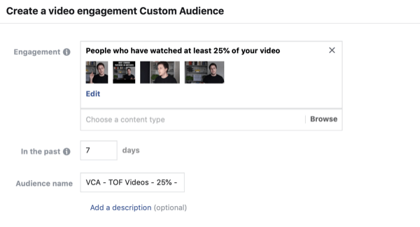 Erstellen Sie die benutzerdefinierte Facebook-Zielgruppe der Video-Viewer, Schritt 2.