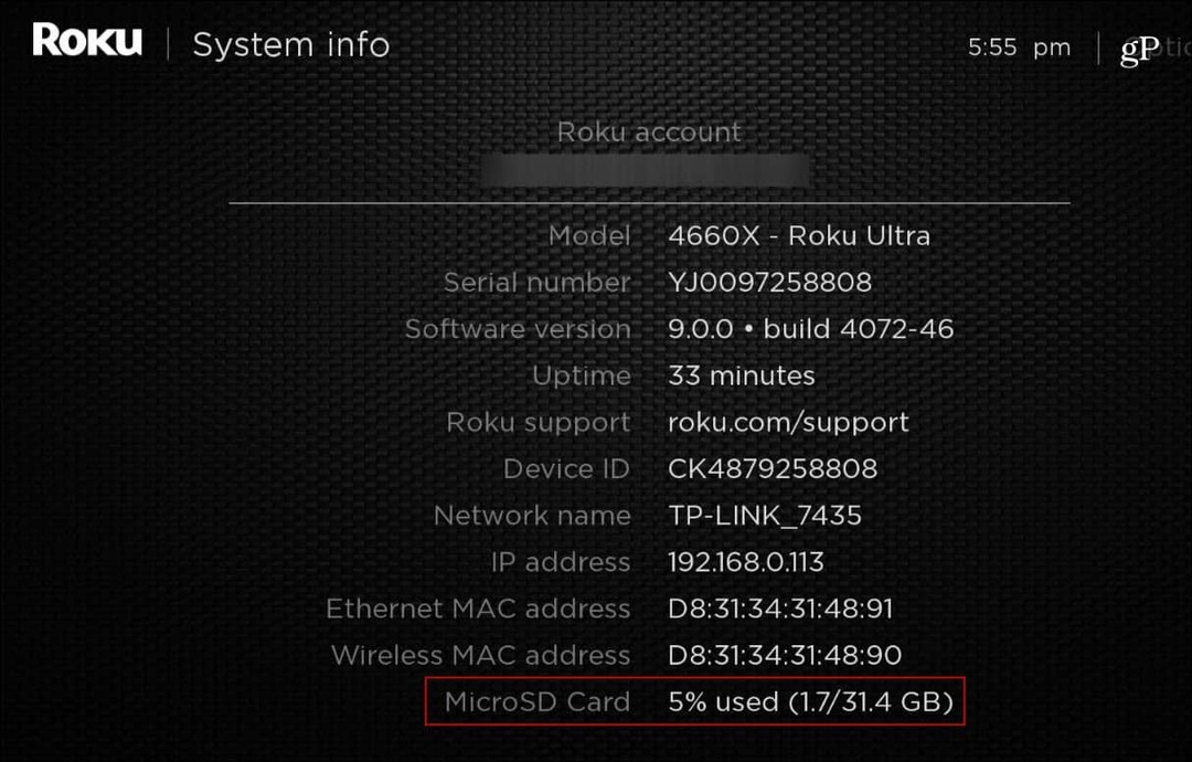 Roku_Ultra Systeminfo MicroSD-Karte
