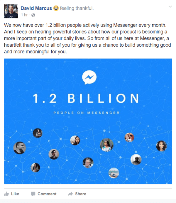 Facebook gab bekannt, dass derzeit jeden Monat über 1,2 Milliarden Menschen Messenger aktiv nutzen.