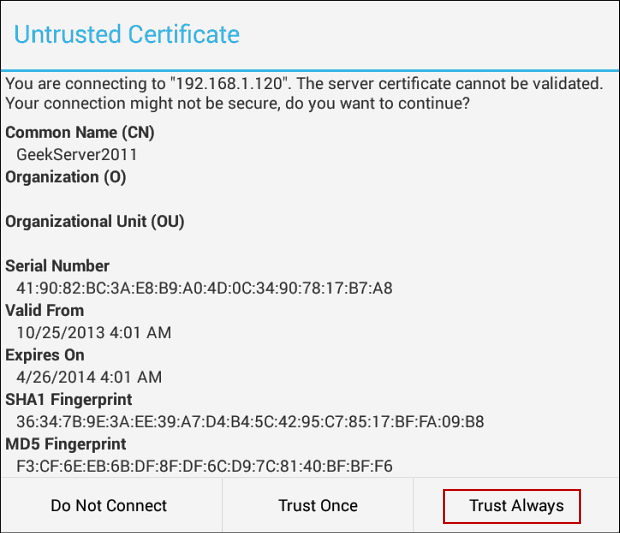 nicht vertrauenswürdiges Zertifikat