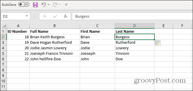 Nachnamen aufgeführt Excel