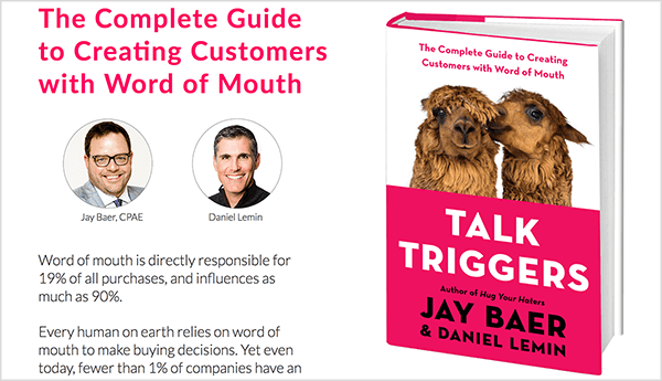 Dies ist ein Screenshot der Talk Triggers-Website. Links ist Text über das Buch und Fotos von Jay Baer und Daniel Lemin. Auf der rechten Seite befindet sich das Buchcover für Talk Triggers.
