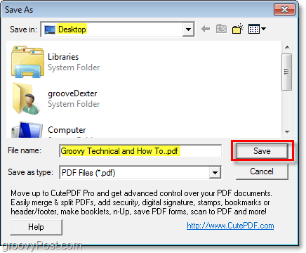 Wählen Sie einen PDF-Speicherort für Ihr neu erstelltes PDF über cutePDF in Windows