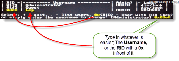 Wählen!, Verlassen. - Benutzer auflisten, 0x <RID> - Benutzer mit RID (hex) oder geben Sie einfach den zu ändernden Benutzernamen ein: [Administrator]