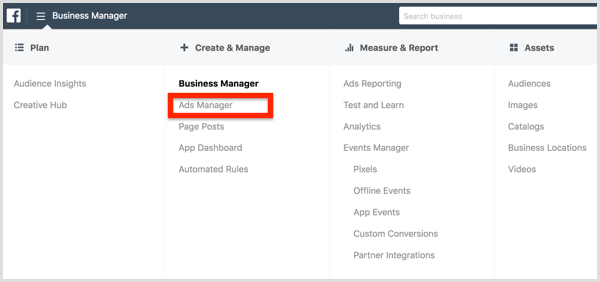 Wählen Sie im Menü "Facebook Business Manager" die Option "Anzeigenmanager".