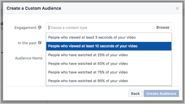Benutzerdefiniertes Facebook-Publikum basierend auf 10-Sekunden-Videoansichten.