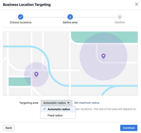 Definieren Sie Ihren Standort durch einen automatischen Radius für Ihre Facebook-Anzeige.