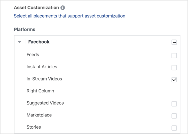 Wenn Sie Ihre Videoanzeigen nur auf Facebook schalten möchten, wählen Sie unter Facebook die Option In-Stream-Videos.