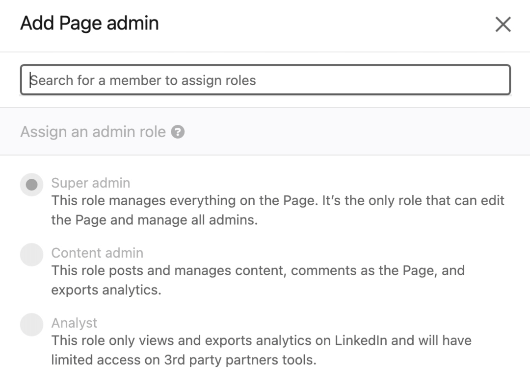 Bild des Dialogfelds " Seitenverwaltung hinzufügen" auf LinkedIn