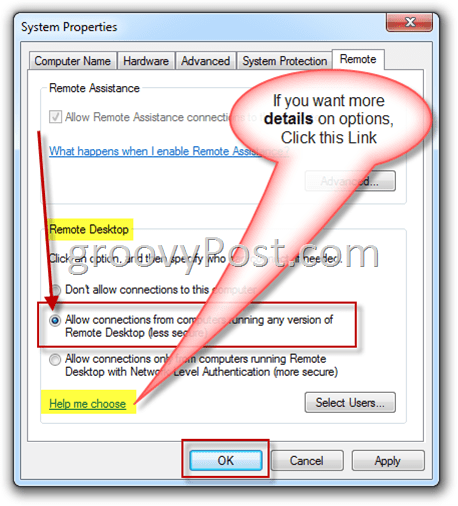Windows 7 - Remote-Einstellungen RDP-Optionsfeld aktivieren
