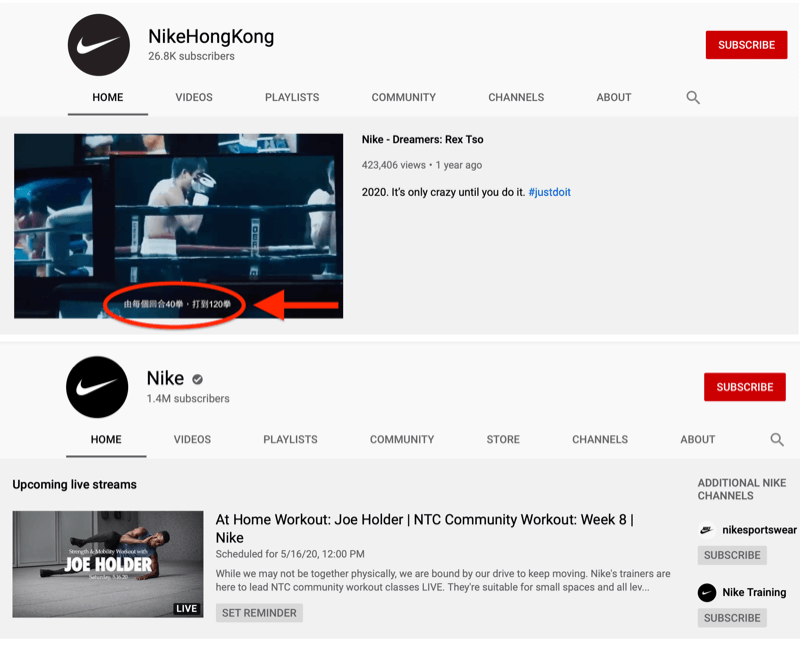 Nike All-Market-YouTube-Konto und marktspezifisches Hongkong-Konto