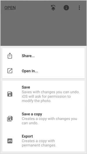 Teilen, speichern oder exportieren Sie Ihr Bild in mobilen Apps wie Snapseed.