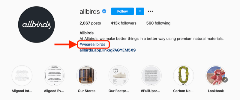 Beispiel eines Firmen-Hashtags, das in der Profilbeschreibung des @ allbirds-Instagram-Kontos enthalten ist
