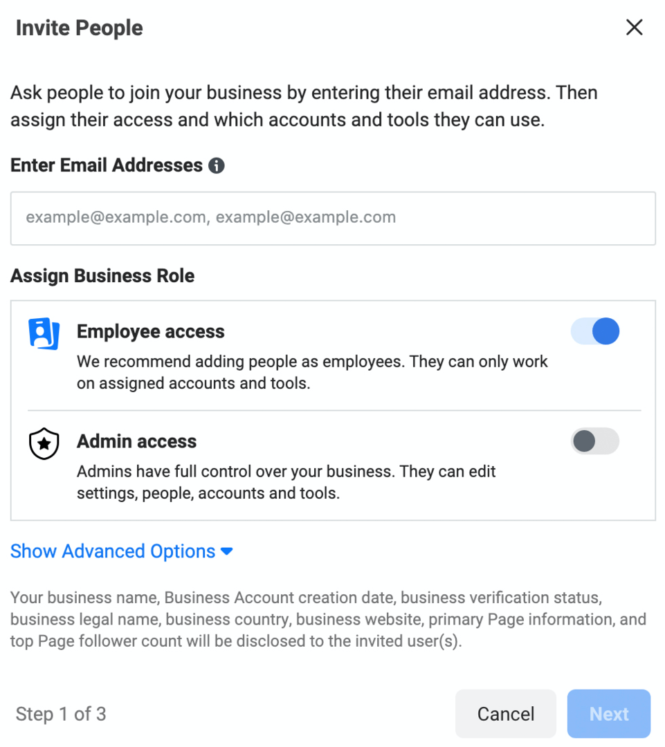 Bild des Bildschirms „Personen einladen“ im Meta Business Manager