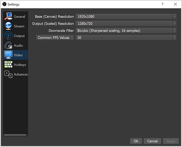 Das Dialogfeld OBS Studio-Einstellungen enthält auf der Registerkarte Video Optionen zum Festlegen Ihrer Basisauflösung und Ihrer Ausgabeauflösung. Die Box enthält auch Optionen für einen Downscale-Filter und FPS oder Frames pro Sekunde.