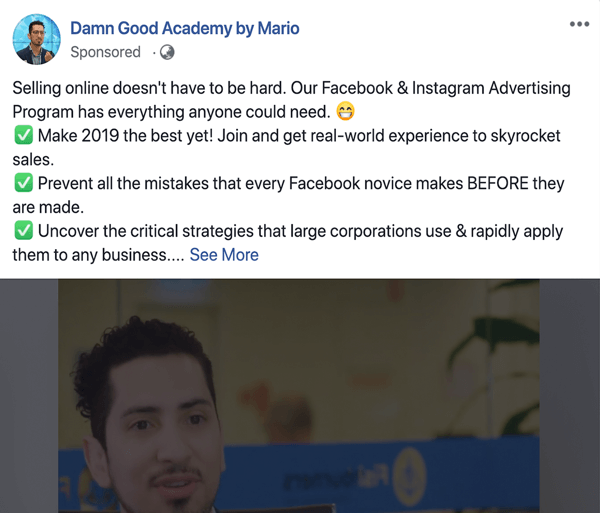 Wie man textbasierte, von Facebook gesponserte Posts in längerer Form schreibt und strukturiert, Problem und Lösung vom Typ 1, Beispiel von Damn Good Academy von Mario