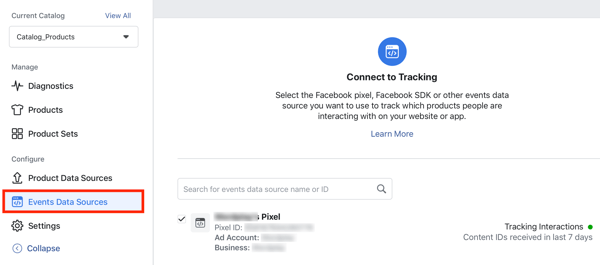 Verwenden Sie das Facebook Event Setup Tool, Schritt 24, Menüoption, um das Facebook-Pixel mit Ihrem Katalog zu verbinden