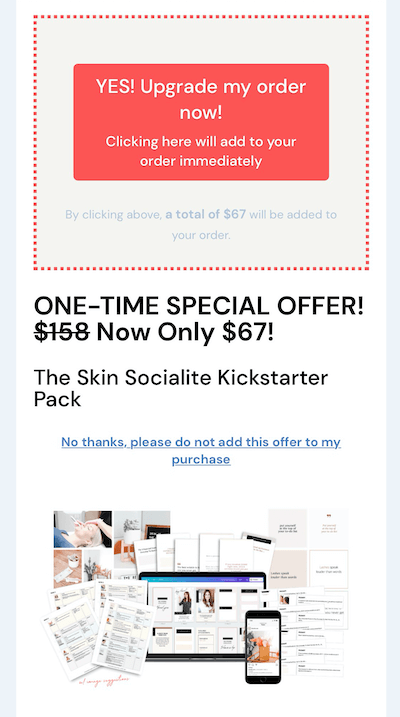 Beispiel für ein Upsell-Angebot zum Verkauf von Instagram in Höhe von 67 US-Dollar für das Kickstarter-Paket