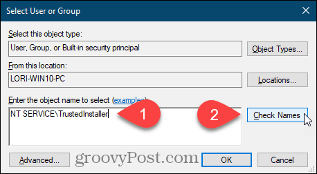 Geben Sie den Benutzernamen ein und klicken Sie auf Namen prüfen für einen Windows-Registrierungsschlüssel