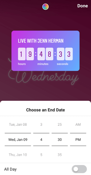 So verwenden Sie den Instagram Countdown-Aufkleber für Unternehmen, Schritt 4 Countdown-Endzeit.