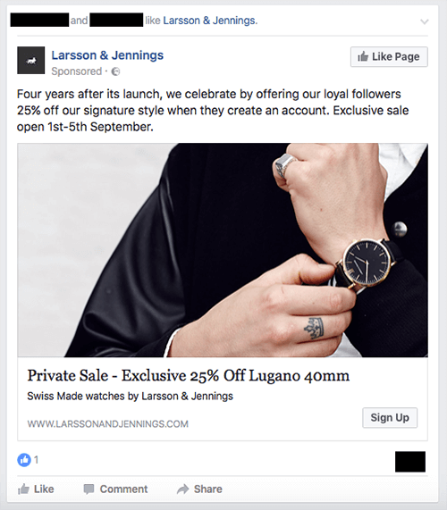 Anzeige für einen exklusiven Verkauf der Uhrenmarke Larsson & Jennings.