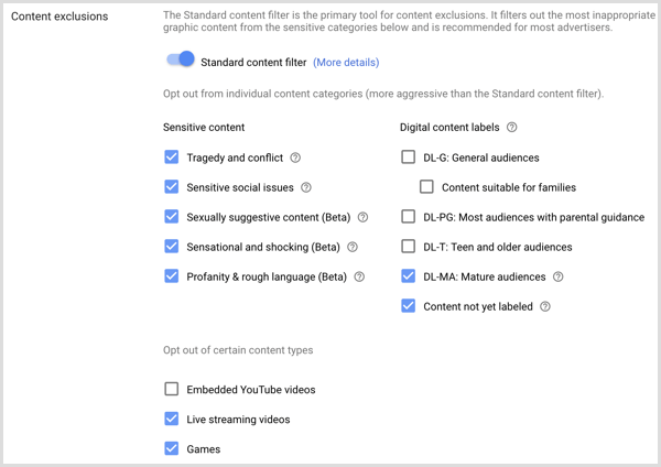 Einstellungen für Inhaltsausschlüsse für die Google AdWords-Kampagne.