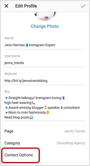 Kontaktoptionen auf Instagram Bildschirm Profil bearbeiten