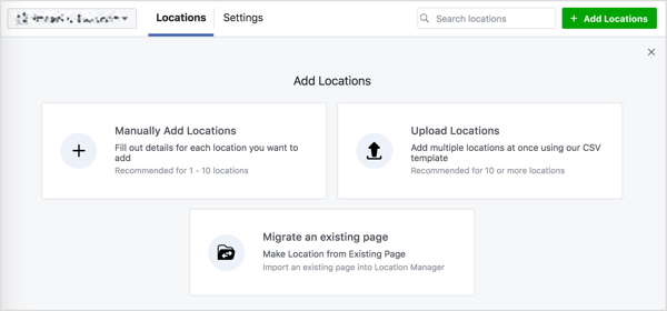 Sie sehen drei Optionen zum Hinzufügen von Standorten zu Ihrer Facebook-Seite.