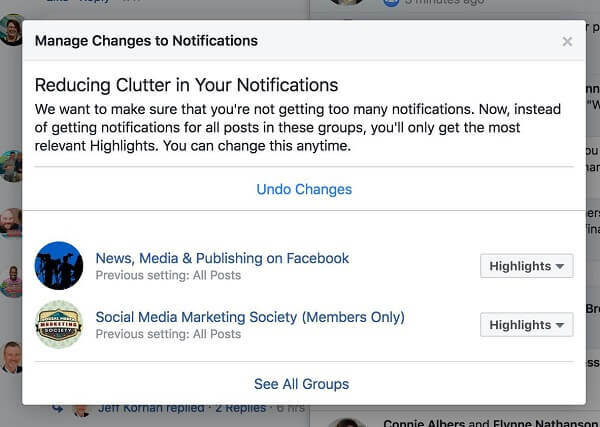 Facebook reduziert aktiv die Unordnung, indem es Benutzern weniger Benachrichtigungen von bestimmten Gruppen anzeigt.