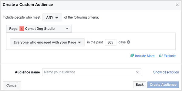 Im Dialogfeld "Benutzerdefinierte Zielgruppe erstellen" von Facebook können Sie Anzeigen auf Personen ausrichten, die sich innerhalb eines bestimmten Zeitraums mit Ihrer Website befasst haben.