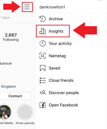 Social Media Marketing Strategie; Screenshot, wo Sie über die Instagram-App auf Instagram Insights zugreifen können.