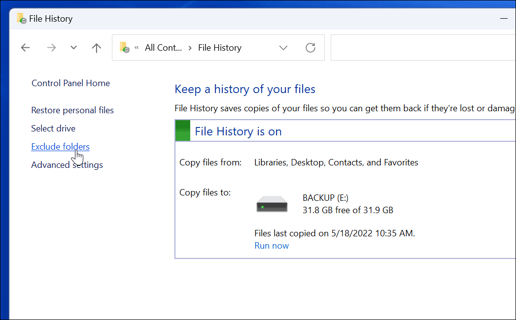 Verwenden Sie den Dateiverlauf unter Windows 11 aus