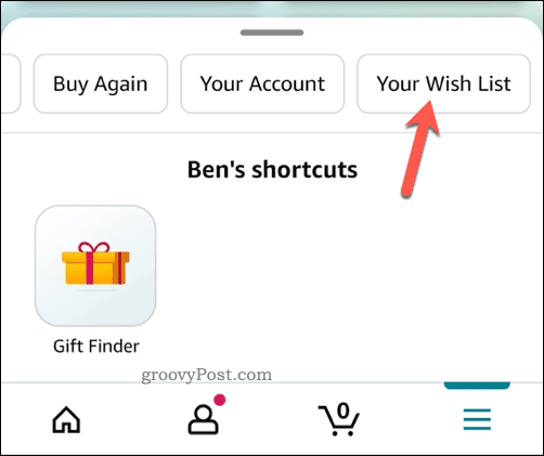 Öffnen des Wunschlistenmenüs in der Amazon-App