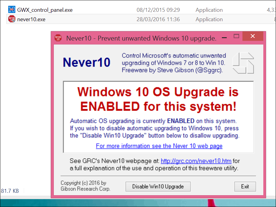 Beenden Sie das Windows 10-Upgrade mit Never 10 oder der GWX-App selbst