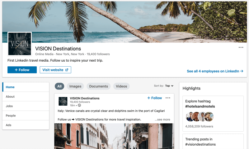 LinkedIn Unternehmensseite für VISION Destinations