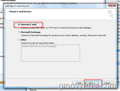 Erstellen Sie ein neues E-Mail-Konto in Outlook 2007:: Internet-E-Mail-Optionsfeld