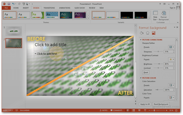 Office 2013-Vorlage erstellen Benutzerdefiniertes Design erstellen POTX Folien anpassen Folien-Lernprogramm Vorgehensweise Vorher Nachher Vergleich Vergleichen des Bildbereichs Optimierungen Bearbeiten von Bildern Fotos Hintergrund