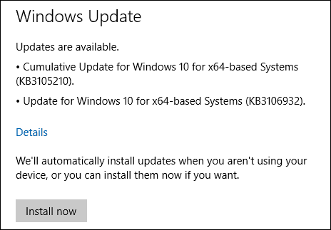 Windows 10-Updates KB3105210 KB3106932