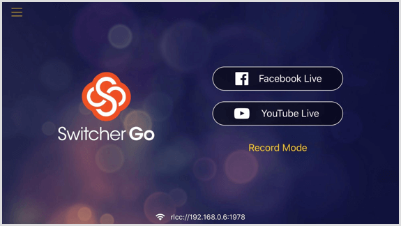 Switcher Go-Bildschirm, auf dem Sie Ihre Facebook- und YouTube-Konten verbinden können