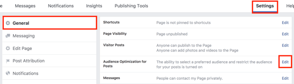 Klicken Sie in den Einstellungen Ihrer Facebook-Seite rechts neben der Option Zielgruppenoptimierung für Posts auf die Schaltfläche Bearbeiten.