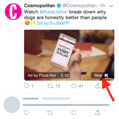 Beispiel einer Twitter-Videoanzeige mit der Option, die Anzeige nach 6 Sekunden zu überspringen.