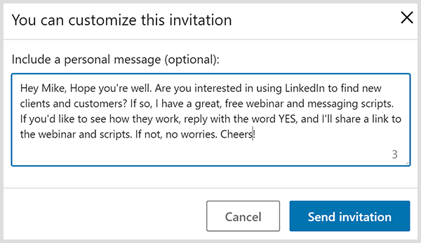 Die Einladung zur LinkedIn-Verbindung mit einer persönlichen Nachricht basiert auf den vier Vorschlägen von John Nemo.