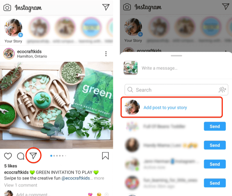 Beispiel eines Instagram-Posts von @ecocraftkids mit mehreren grünen Medien, die mit Naturholzschalen platziert sind und Instrumente, die das Papierflugzeugsymbol zusammen mit der Option "Beitrag zu Ihrer Story hinzufügen" hervorheben hervorgehoben