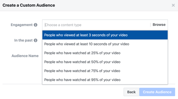 Option zum Erstellen einer benutzerdefinierten Facebook-Anzeige für Personen, die einen Teil Ihres Videos angesehen haben.