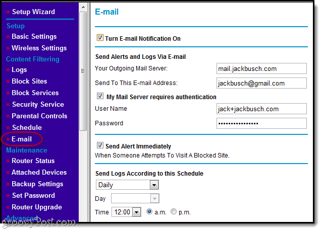 E-Mail-Benachrichtigungen für Blockwebsites in Netgear